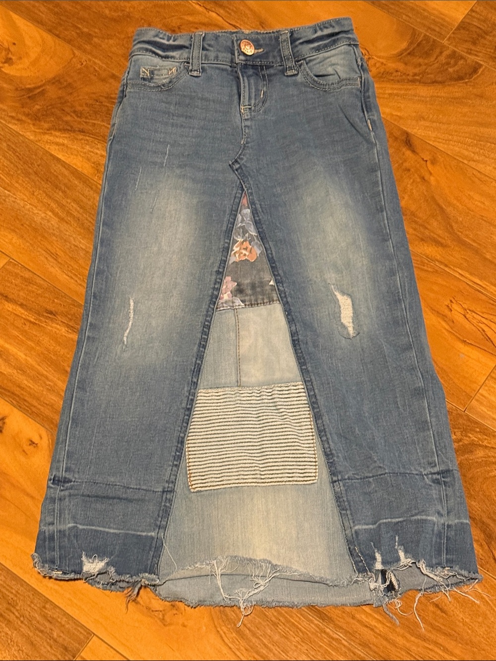 Blue Denim Maxi Skirt with Front Panel